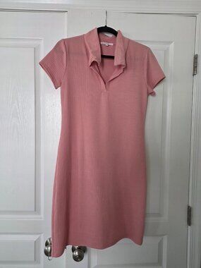 Anistar Pink Ribbed Polo Mini Dress – Short Sleeve Casual Stretch Dress Size L